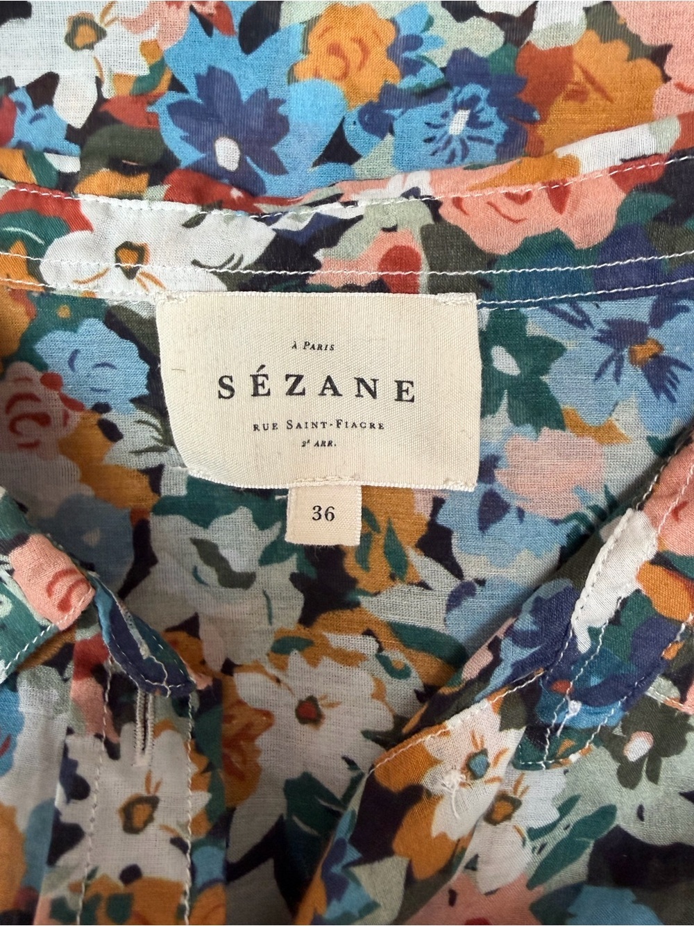Sezane Floral Pierro Shirt Fall Flowers Button Up Blouse Silk Blue Size Small 36 - Picture 3 of 10